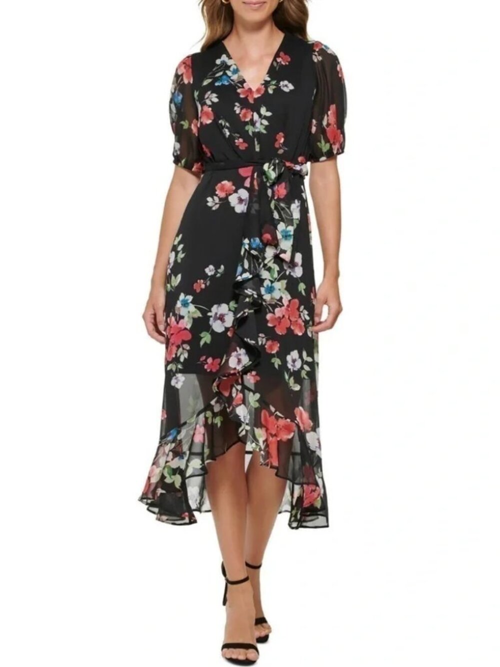 NEW DKNY black floral wrap long midi dress size 4